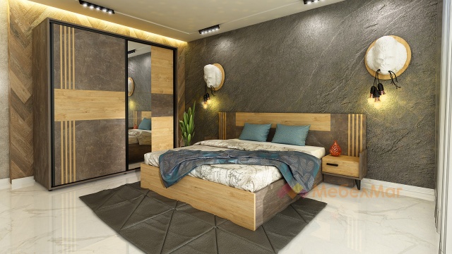 Спален комплект Фюжън с включен матрак Бонел 160/200 тъмен бетон със златен дъб