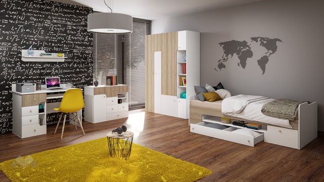 Детски спален комплект Роуз с включен матрак Бонел 90/200 бяло гладко, златно розово и сонома