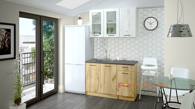 Кухня Никея 120 Н2 прави златен дъб с дъб крафт бял - МебелМаг Кухня Никея 120 Н2 прави златен дъб с дъб крафт бял