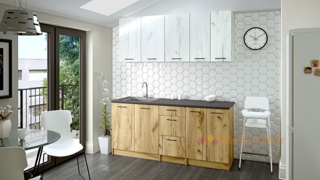 Кухня Никея 180 Н1 прави златен дъб с дъб крафт бял - МебелМаг Кухня Никея 180 Н1 прави златен дъб с дъб крафт бял