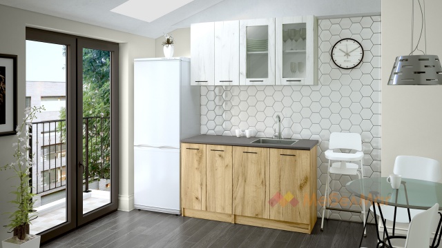 Кухня Никея 140 Н2 прави златен дъб с дъб крафт бял - МебелМаг Кухня Никея 140 Н2 прави златен дъб с дъб крафт бял