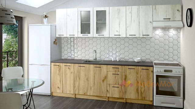 Кухня Никея 240 Н4 прави златен дъб с дъб крафт бял - МебелМаг Кухня Никея 240 Н4 прави златен дъб с дъб крафт бял