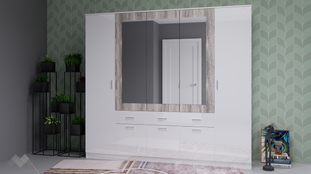 Гардероб Прайд петкрилни бял гланц с малта