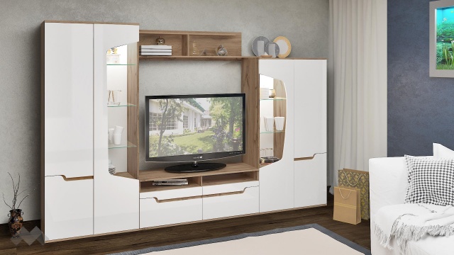 Секция Франческа с LED осветление бяло гланц с дъб дакота