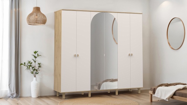 Гардероб Бохем шесткрилни дъб флорида с пясъчно сиво