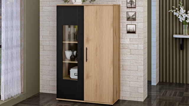 Шкаф с витрина Ламела дъб канела с дъб ламела и черно шагре