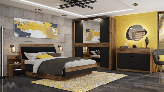 Спален комплект Легрия с включен матрак Бонел 160/200 кафяв дъб пиемона с черно шагре