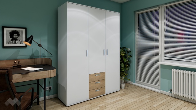 Гардероб Жизел трикрилни бяло гладко с дъб сонома