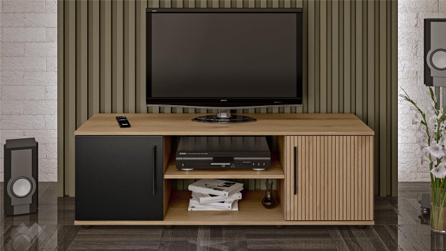 ТВ шкаф Ламела с открити рафтове дъб канела с дъб ламела и черно шагре