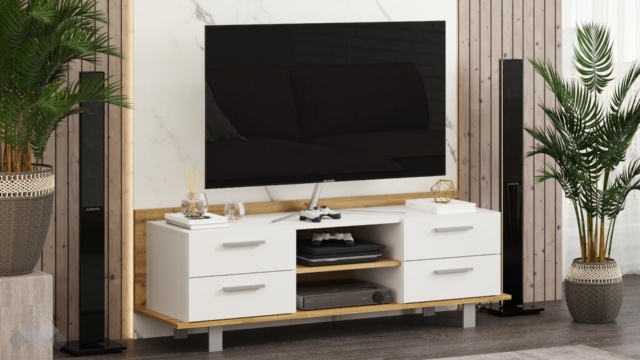 ТВ шкаф Модика с открити рафтове златен дъб с бяло