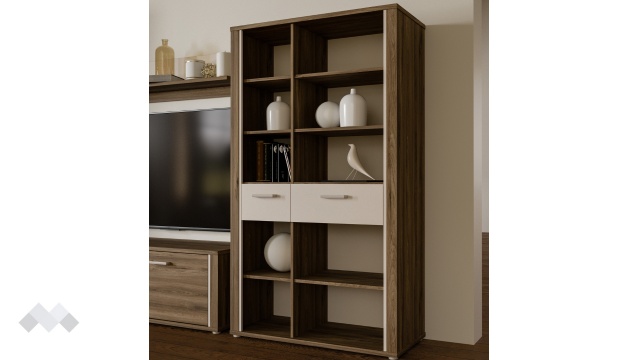 Висок шкаф с две чекмеджета Дейлос с открити рафтове дъб валенсия с крем