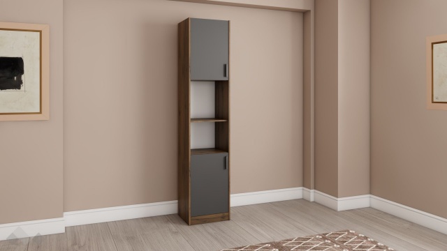 Висок шкаф с две врати Хироу с открити рафтове дъб вотан с черно шагре