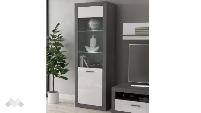 Висок шкаф Требия с витрина сиво с бял гланц