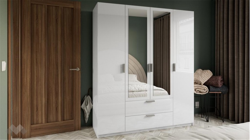 Гардероб Шайн четирикрилни бял гланц с бяло - изглед 1