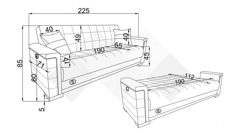 Диван Агра триместни бордо - изглед 5