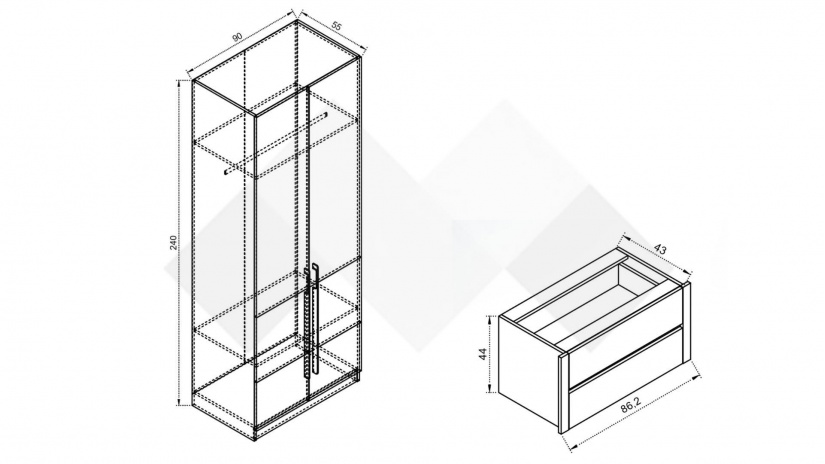 Гардероб с две чекмеджета Комо двукрилни орех селект тъмен с кашмир - изглед 2