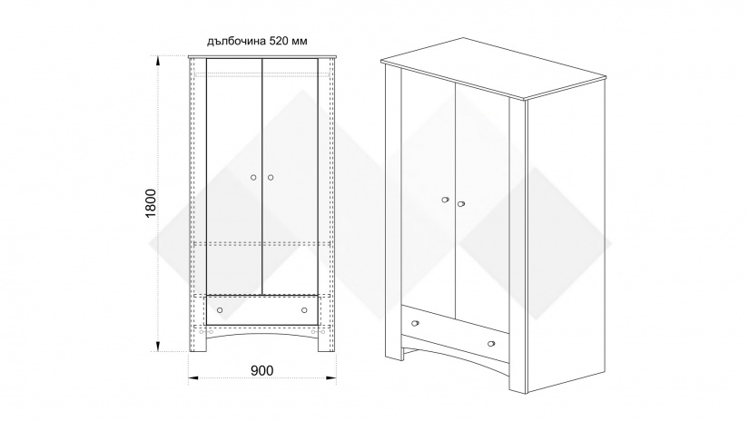 Гардероб Одеса двукрилни тъмна сонома - изглед 3