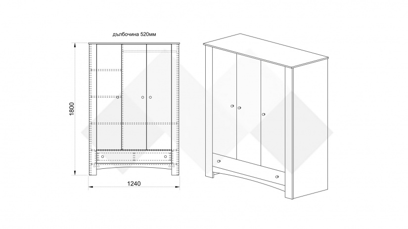 Гардероб Одеса трикрилни тъмна сонома - изглед 3