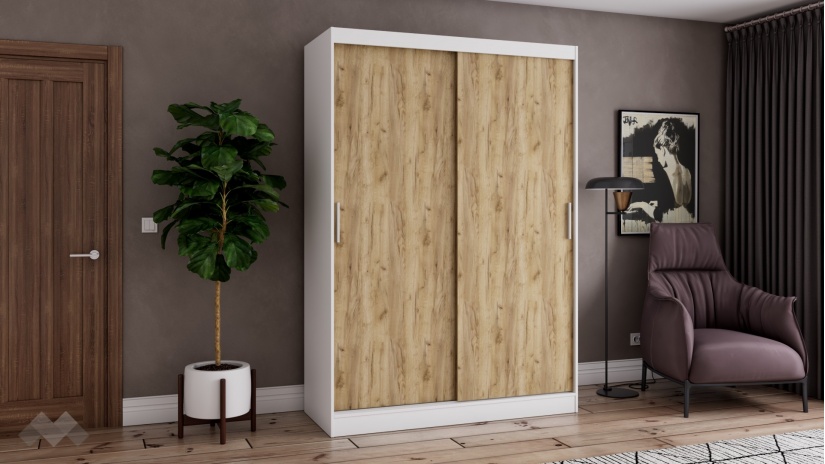 Гардероб Карлос с плъзгащи врати бял със златен дъб - изглед 1
