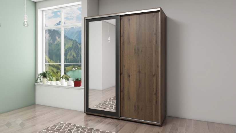 Гардероб с плъзгащи врати Кайли с плъзгащи врати дъб вотан с черно шагре - изглед 1