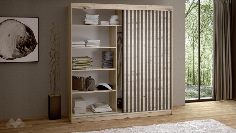 Гардероб Верона с плъзгащи врати дъб артисан с тъмен норвежки бор - изглед 2 - МебелМаг Гардероб Верона с плъзгащи врати дъб артисан с тъмен норвежки бор - изглед 2