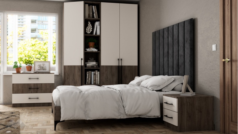 Спален комплект Комо К1 орех селект тъмен с кашмир - изглед 2 - МебелМаг Спален комплект Комо К1 орех селект тъмен с кашмир - изглед 2