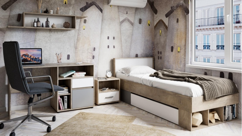 Нощен шкаф Мито дъб суров с бяло - изглед 2 - МебелМаг Нощен шкаф Мито дъб суров с бяло - изглед 2