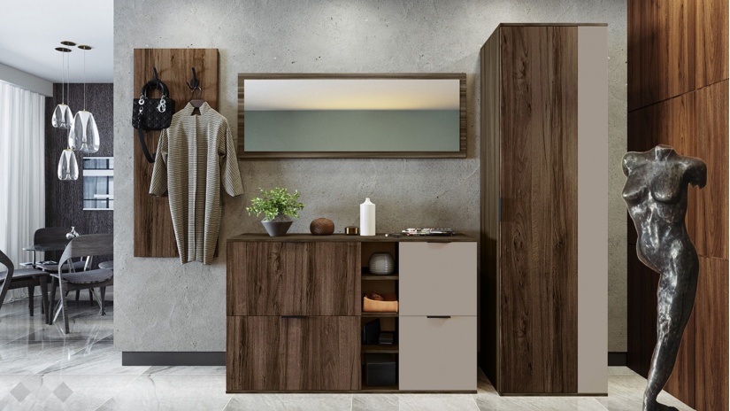 Портманто Поситано дъб дилън тъмен с капучино мат и пасифик - изглед 1 - МебелМаг Портманто Поситано дъб дилън тъмен с капучино мат и пасифик - изглед 1