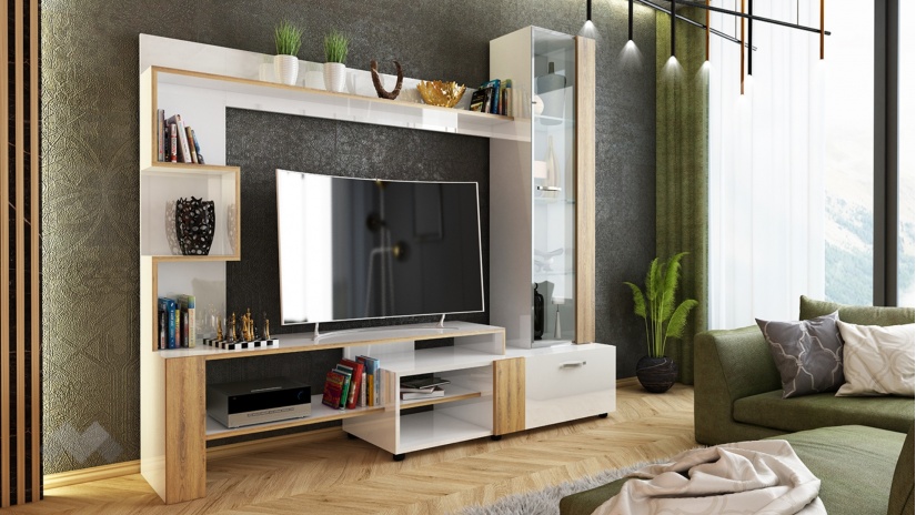 Секция Ава с витрина бял гланц с дъб евок - изглед 1