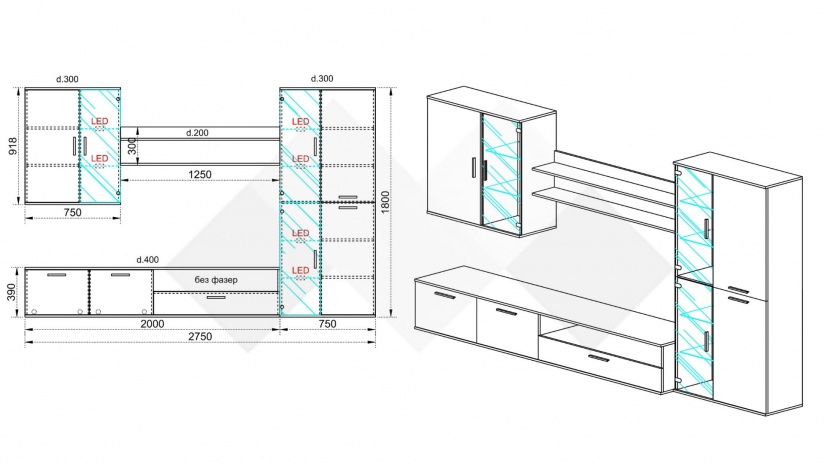 Секция Авелино модулни дъб дакота с мрамор - изглед 3