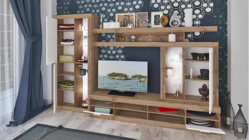 Секция Белвю с LED осветление бяло гладко с дъб дакота - изглед 2