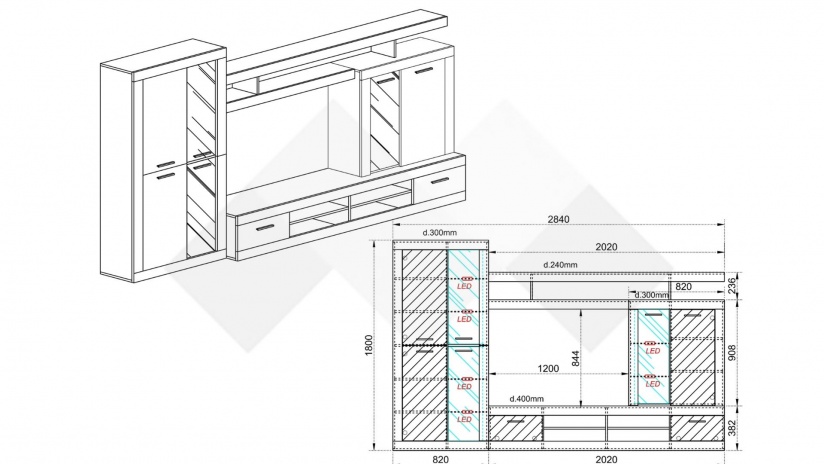 Секция Белвю с LED осветление бяло гладко с дъб дакота - изглед 3