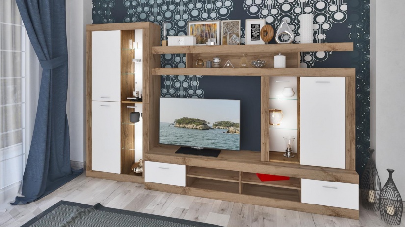 Секция Белвю с LED осветление бяло гладко с дъб дакота - изглед 1