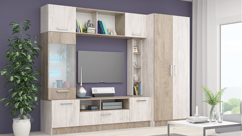 Секция Детройт с гардероб дъб бланко с дъб суров - изглед 1