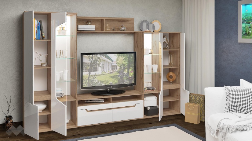 Секция Франческа с LED осветление бяло гланц с дъб дакота - изглед 2