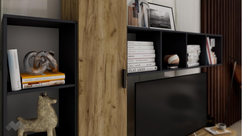 Секция Фреш с открити рафтове златен дъб и антрацит - изглед 3