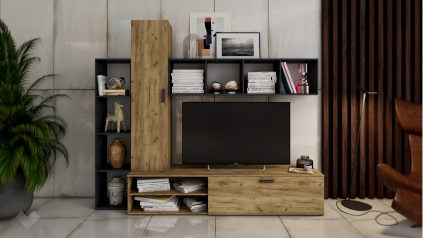 Секция Фреш с открити рафтове златен дъб и антрацит - изглед 1