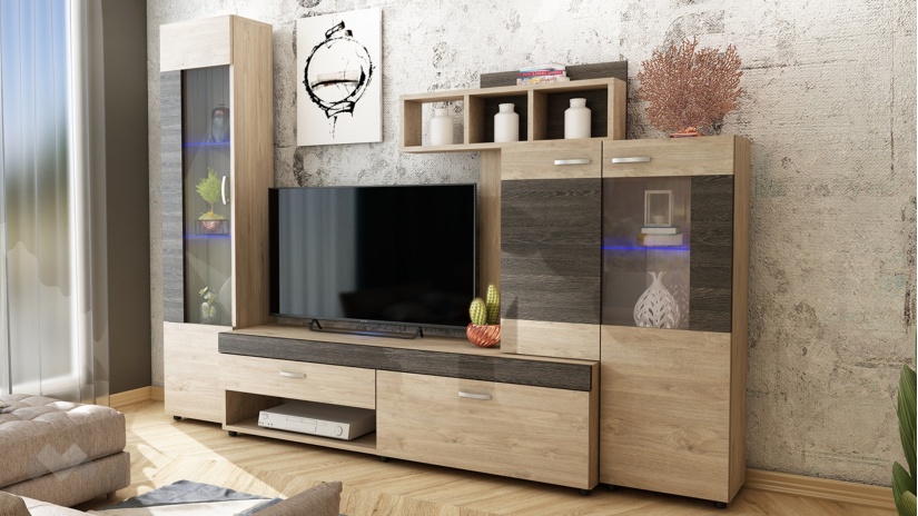 Секция Галакси с LED осветление пясъчен дъб с винтидж - изглед 1