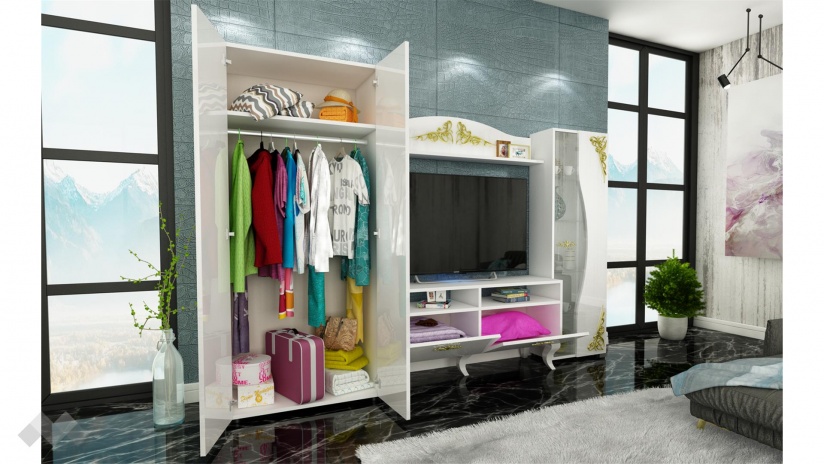 Секция Изабела с витрина бяло шагре с бял гланц - изглед 2