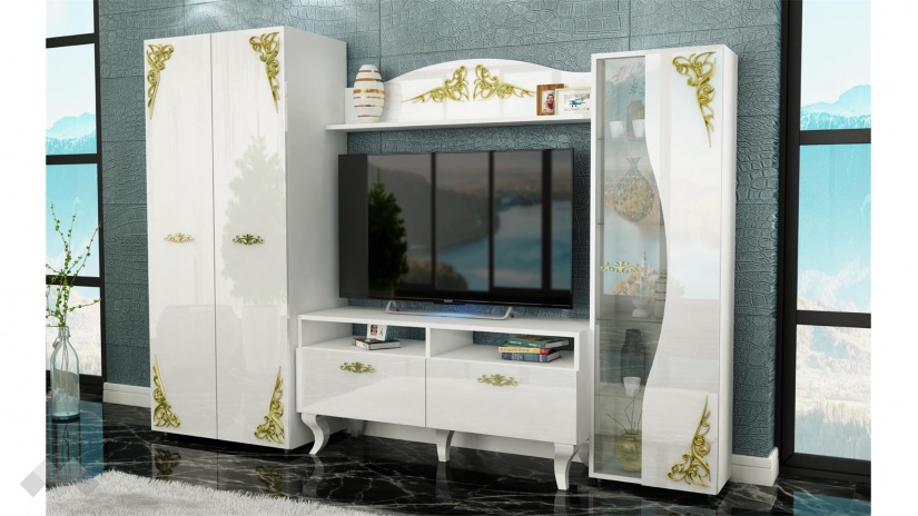 Секция Изабела с витрина бяло шагре с бял гланц - изглед 1