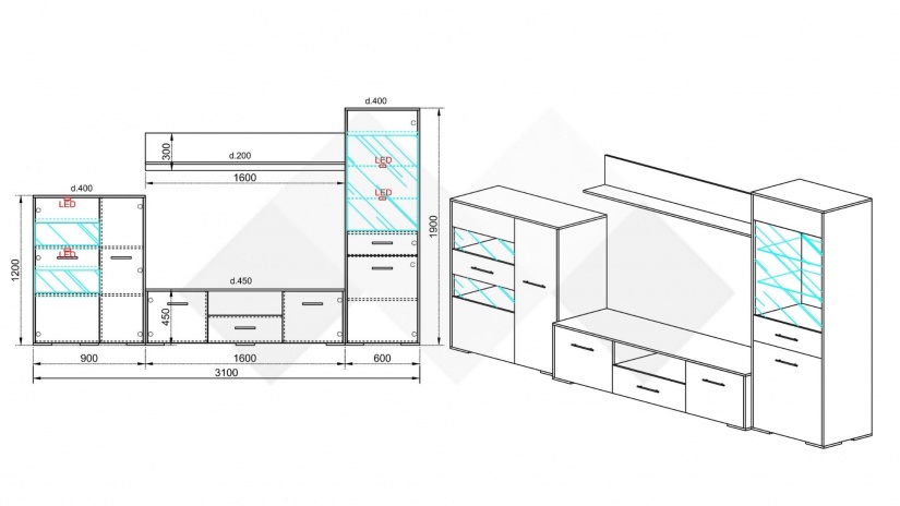 Секция Лече модулни дъб дакота с бял гланц - изглед 3