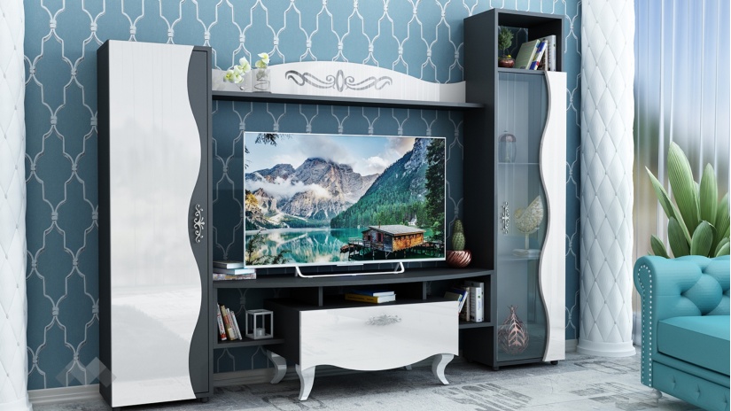 Секция Лукс с витрина черно и бяло гланц - изглед 2