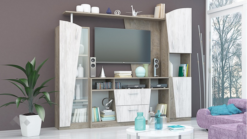 Секция Нанси с витрина дъб суров с дъб бланко - изглед 1