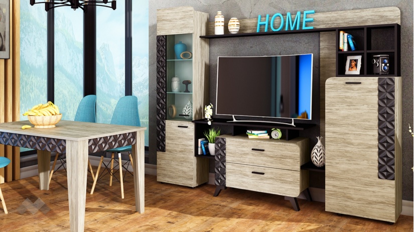 Секция Ница с витрина дъб навара с черно - изглед 1