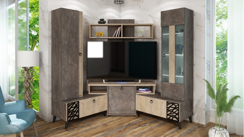 Секция Нола с витрина тъмен бетон с дъб суров - изглед 2