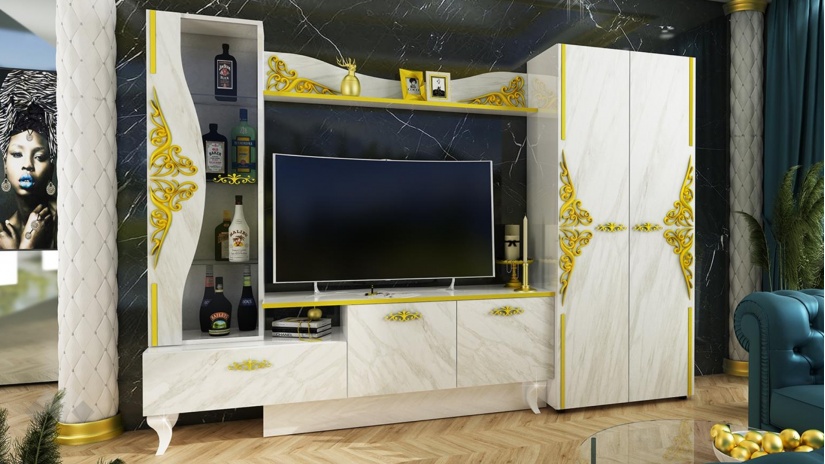 Секция Роксана с витрина бял гланц с мрамор - изглед 1