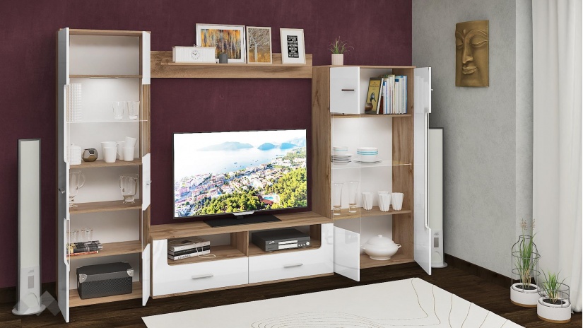 Секция Шери с LED осветление бяло гланц хайглос с дъб дакота - изглед 2