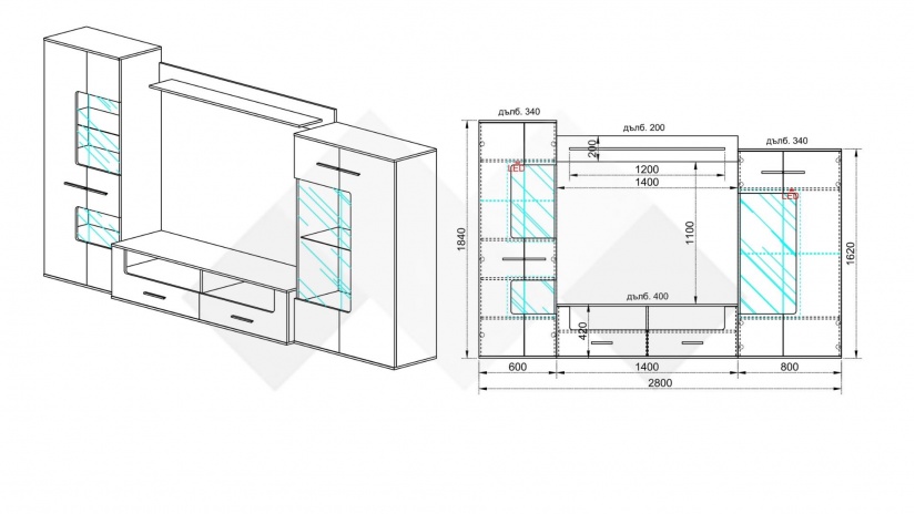 Секция Шери с LED осветление бяло гланц хайглос с дъб дакота - изглед 3