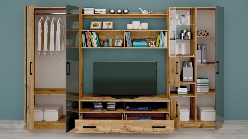 Секция Скарлет с гардероб дъб вотан светъл с антрацит гланц - изглед 2