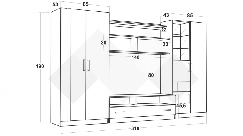 Секция Скарлет с гардероб дъб вотан светъл с антрацит гланц - изглед 3